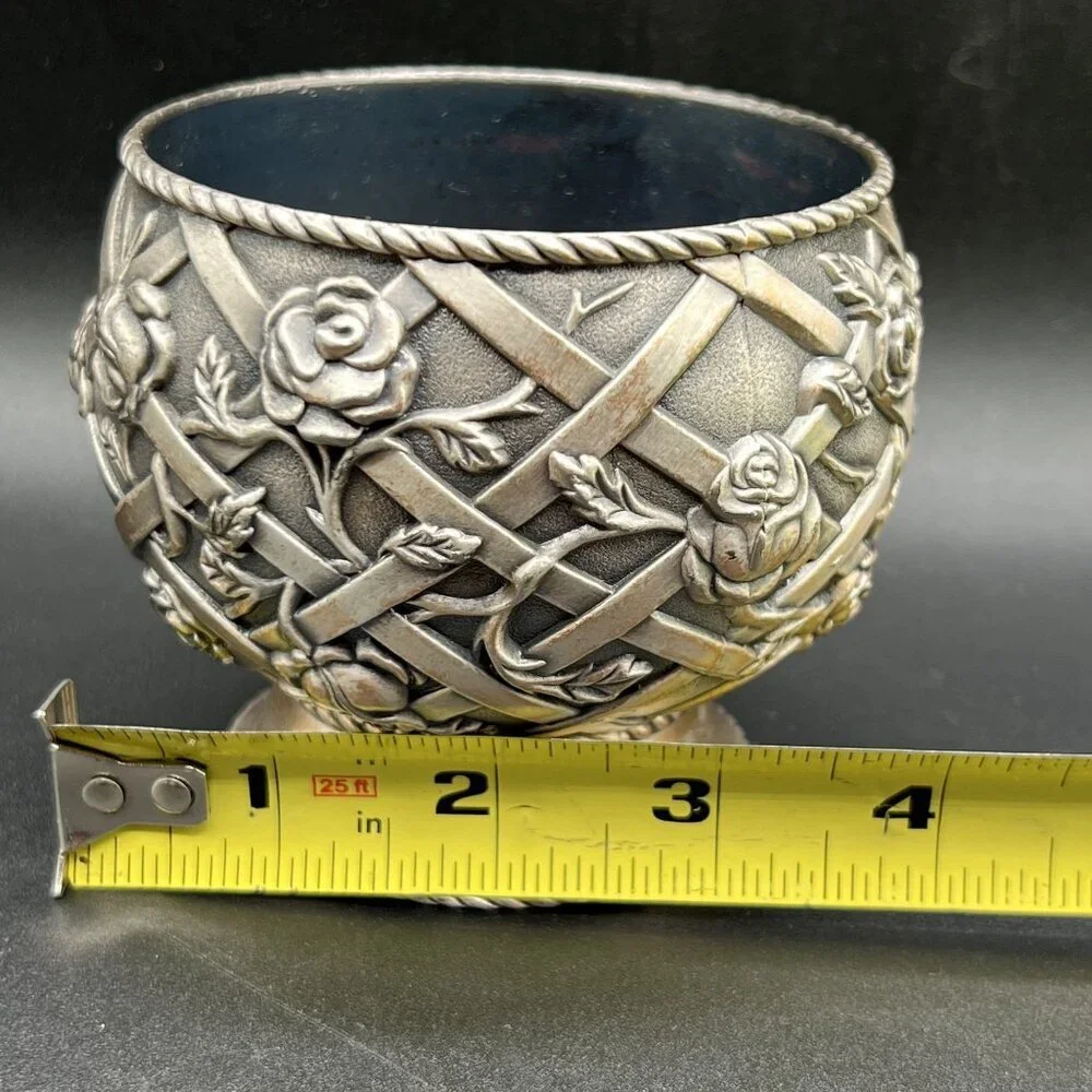 Vintage Pewter Trinket Dish Vase Intricate Trellis Climbing Rose Basket Weaved